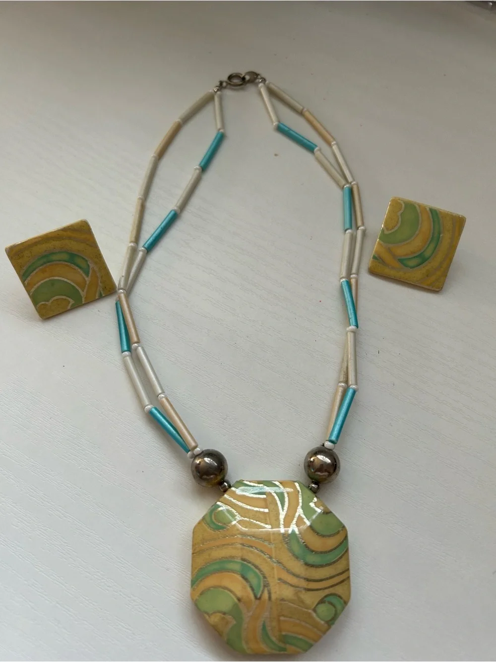 Handcrafted Green and Gold Octagon Pendant Necklace by